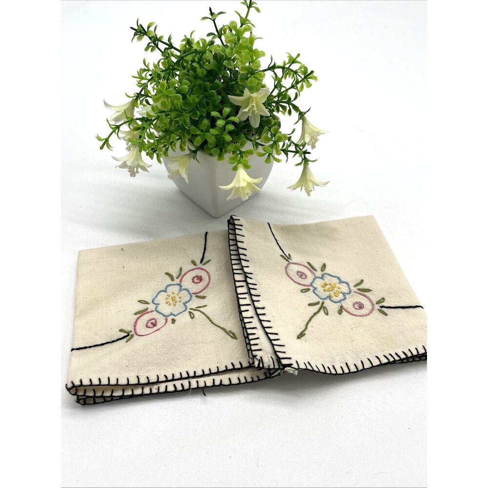 Vintage Hand Embroidered Floral Doily Set 2 Ivory Black Whipstitch Edge 9.5"